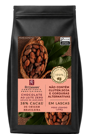 CHOCOLATE GOURMET AO LEITE 38% CACAU ZERO ADIÇÃO DE AÇÚCARES 1,01KG - RITZMANN