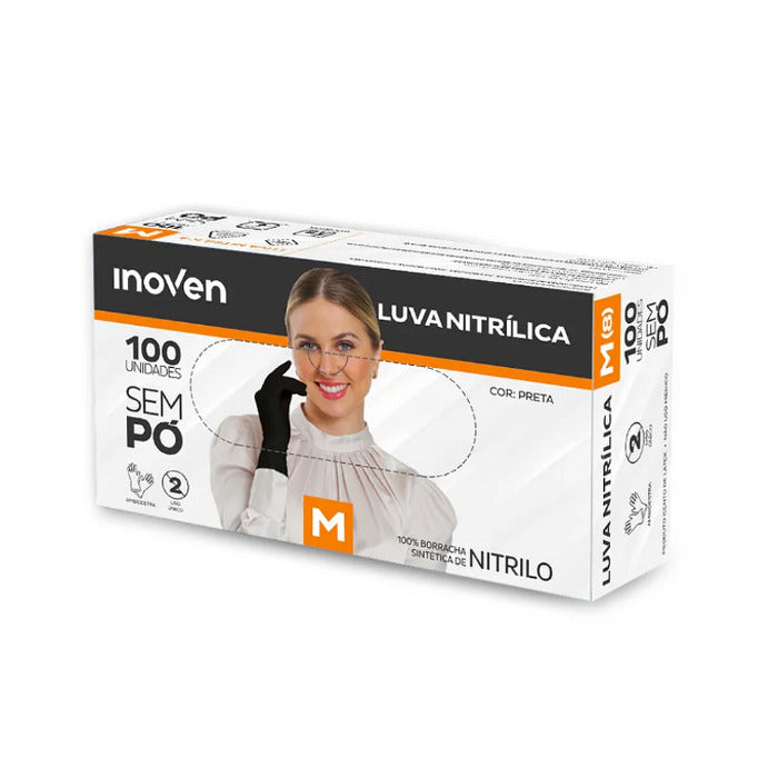 12135 LUVA NITRILICA SEM PÓ PRETA M COM 100 UND 3037 - INOVEN