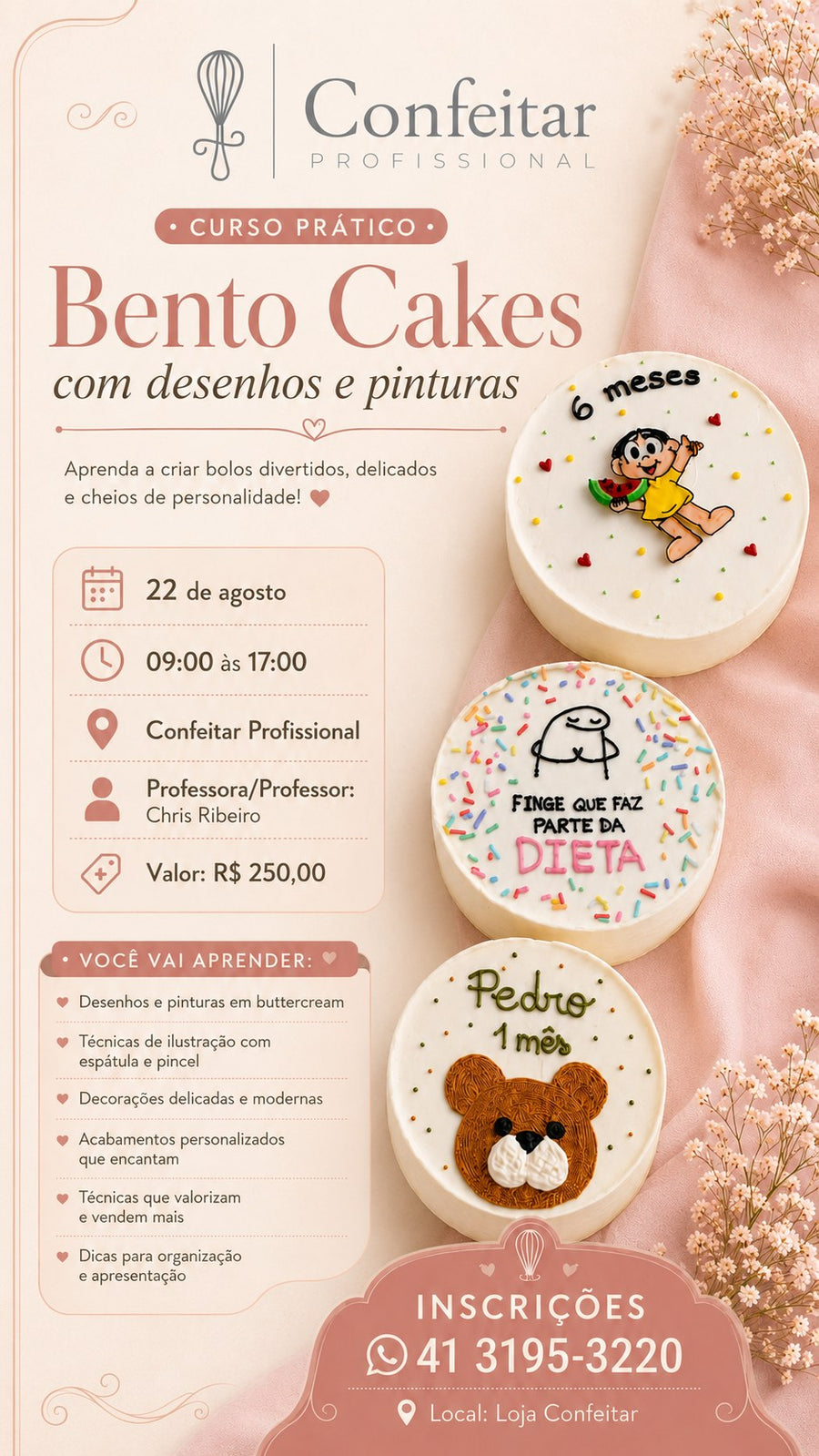 Flyer do curso Bento Cakes com desenhos e pinturas
