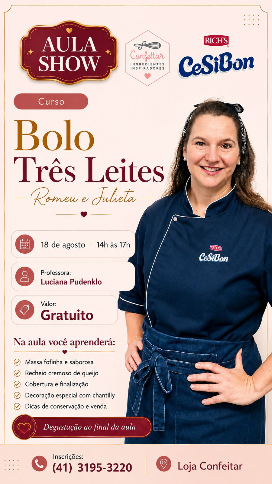 Flyer do curso Bolo Três Leites Romeu e Julieta