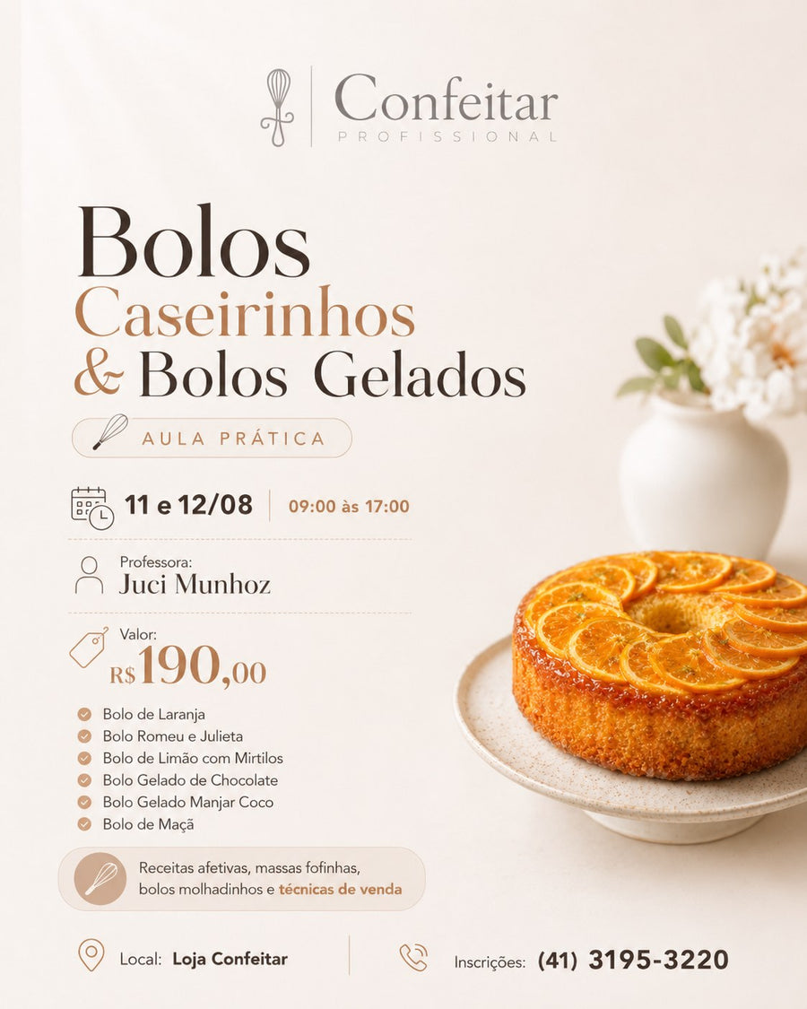 Flyer do curso Bolos Caseirinhos & Bolos Gelados
