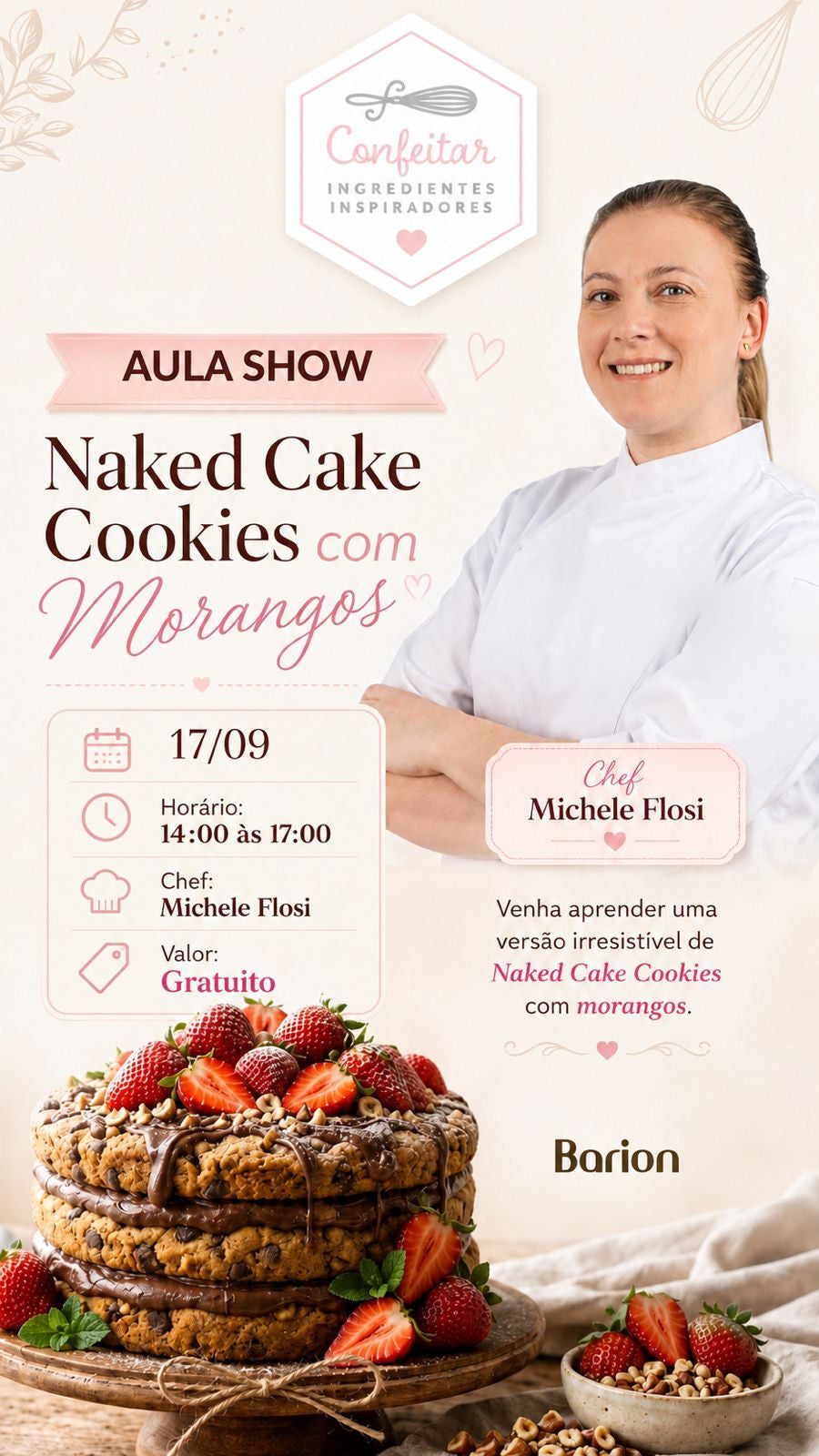 Flyer do curso Naked Cake Cookies com Morangos