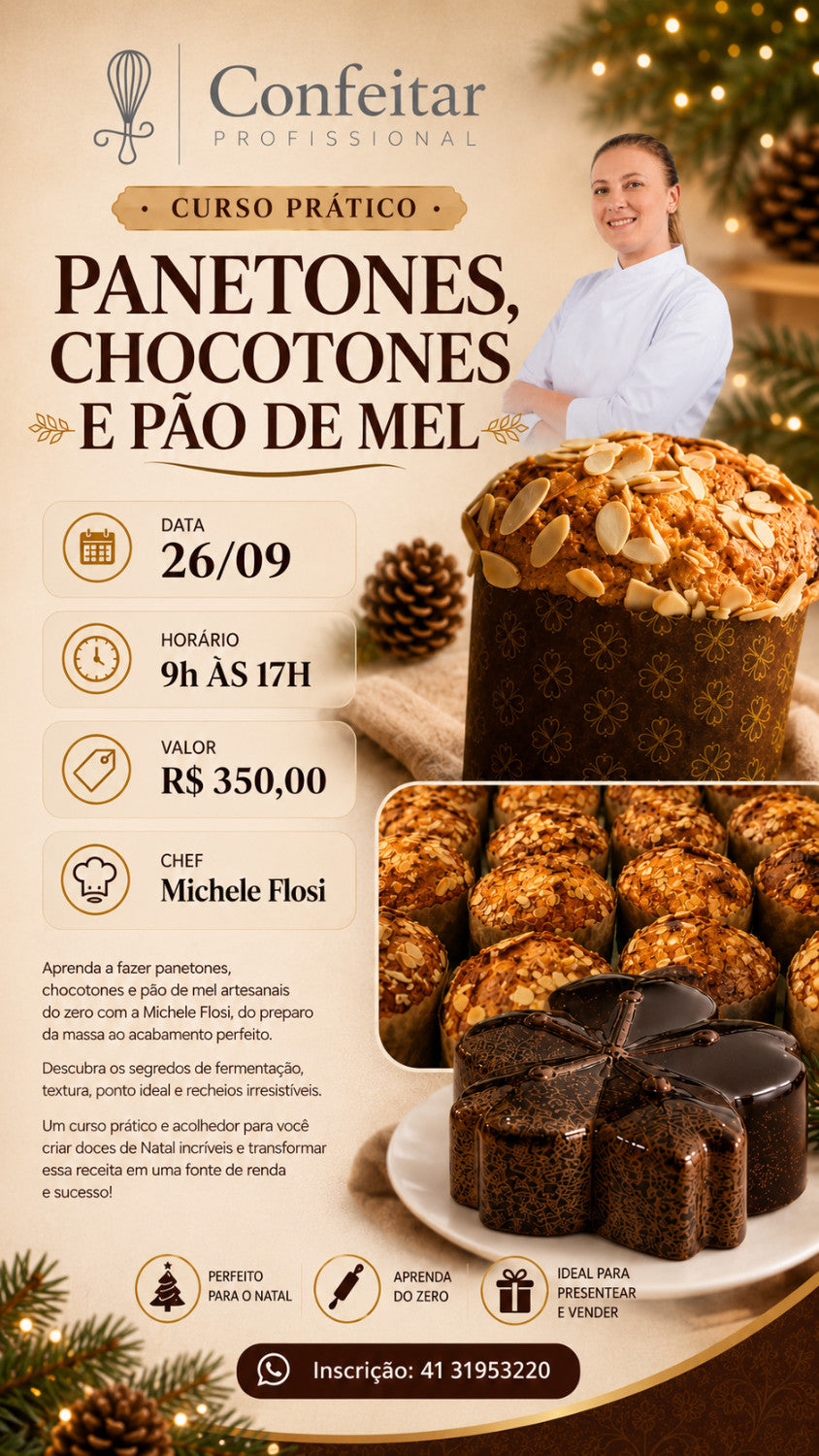 Flyer do curso Panetones, Chocotones e Pão de Mel