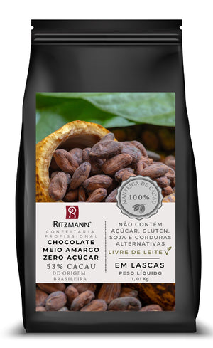 CHOCOLATE GOURMET MEIO AMARGO 53% CACAU ZERO AÇUCAR 1,01KG - RITZMANN