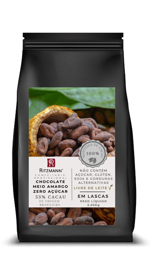 CHOCOLATE GOURMET MEIO AMARGO ZERO AÇÚCAR 53% CACAU 2,02KG - RITZMANN